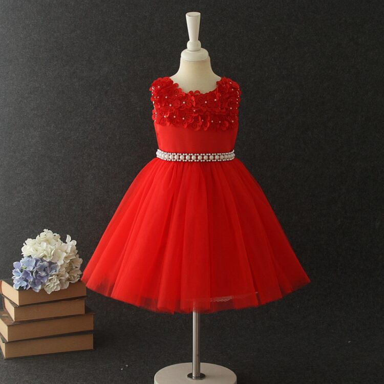 Bright Red Sleeveless Solid Applique Floral Stone Party Dress INA356