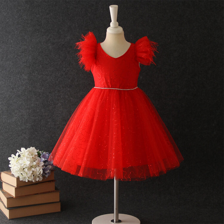 Gorgious Red Floral Applique Feather Sleeve Dress INA359