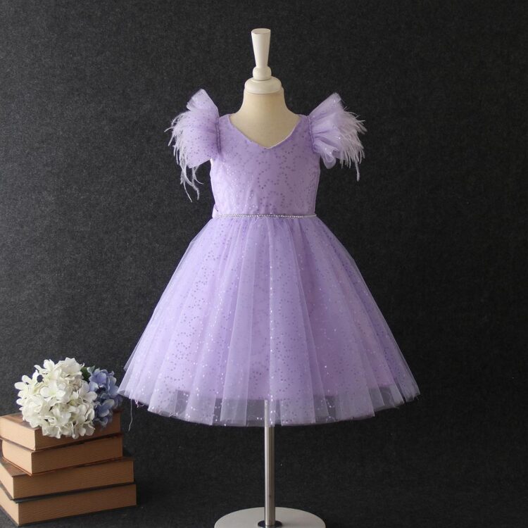 Bloossom Lavander Floral Applique Feather Sleeve Dress