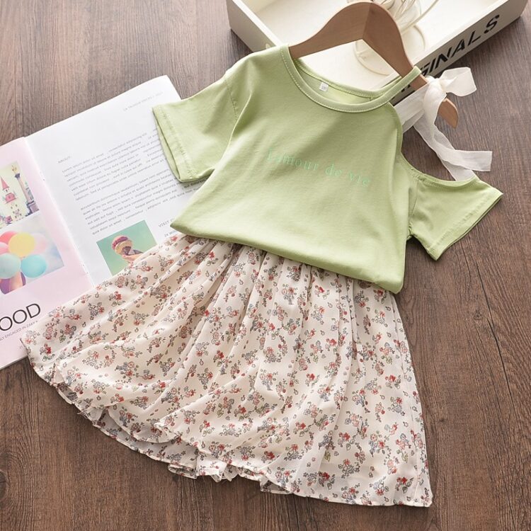 Pista Green Floral Applique Solid Top And Skirt INF599