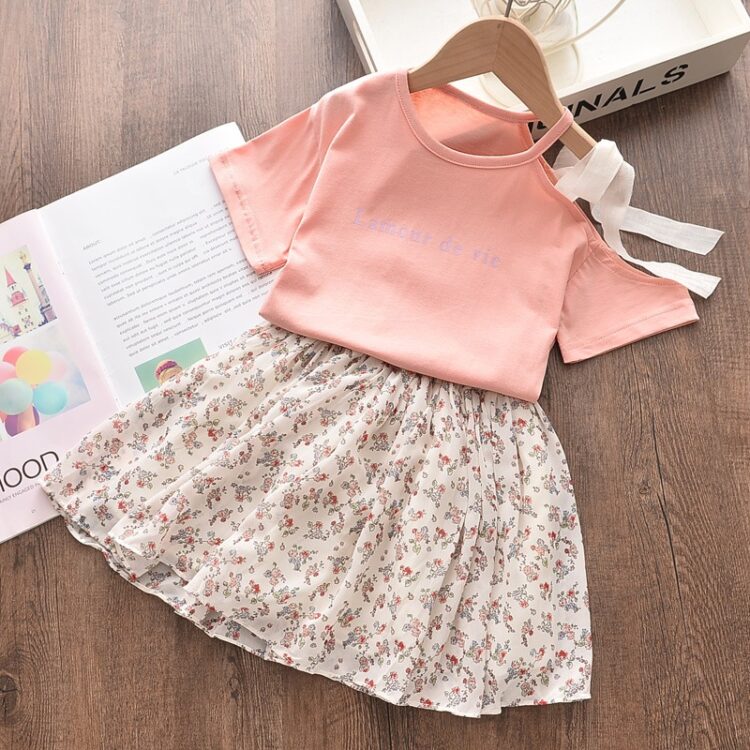 Peach Solid Applique Floral Top And Skirt INF600