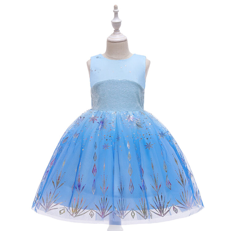 Blue-solid-applique-floral -Print -Glitter -sleeveless-bow-party-dress-inf640