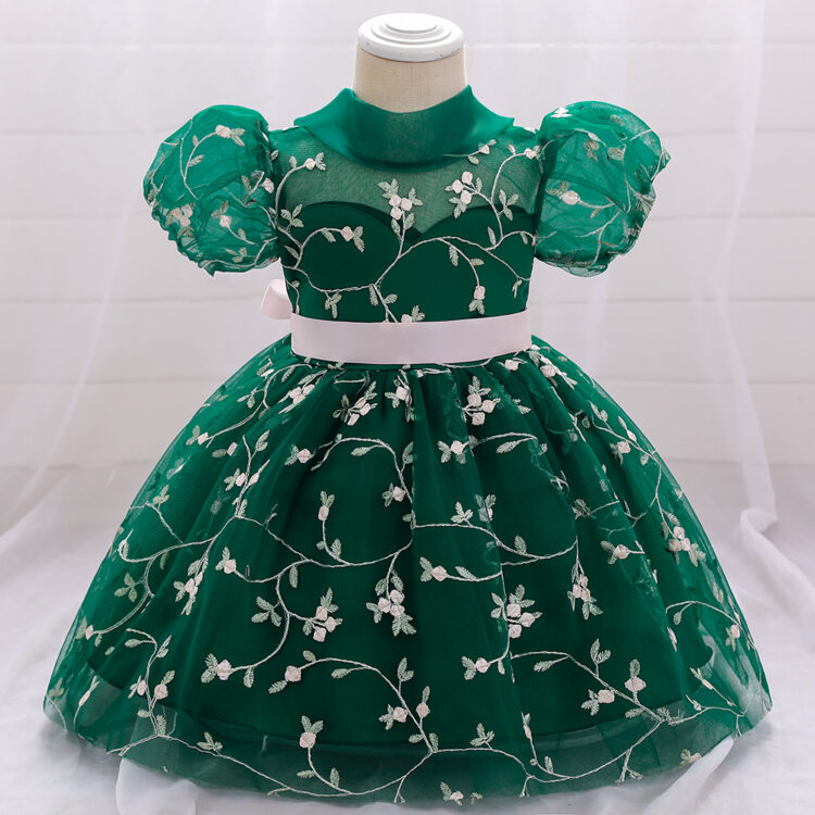 Blossom Green  Solid Applique Floral Short Sleeve Bow  Party Dress INA698