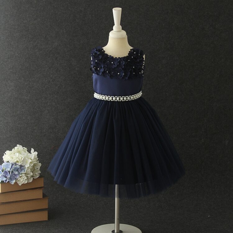 Cute Navy Blue  Solid Applique Floral Sleeveless Stone Belt  Party Dress INA699