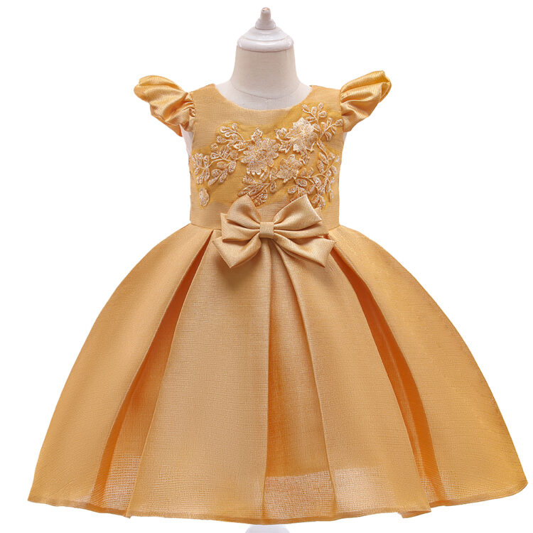 Mustard Yellow  Solid Applique Floral Sleeveless Bow  Party Dress  INF737