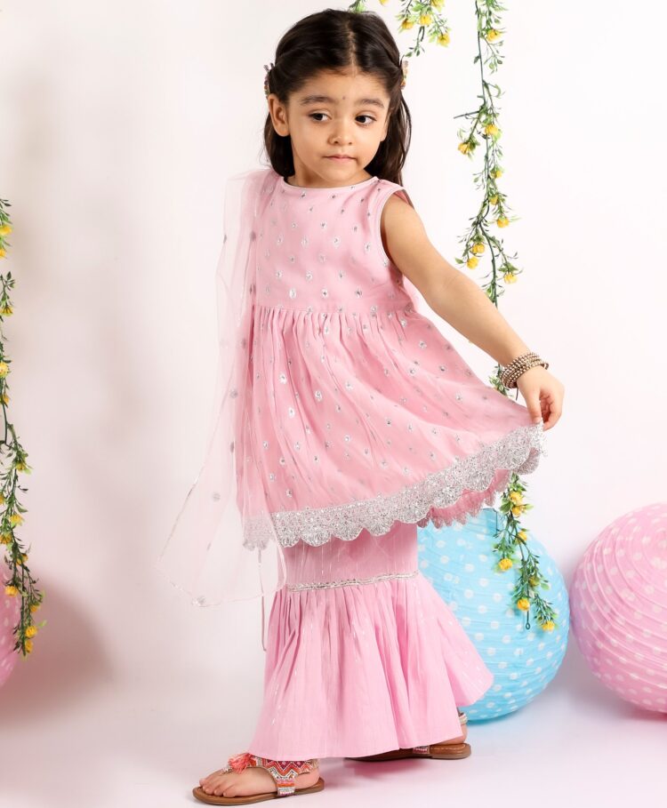 Little Bansi Sleeveless Banarsi Style Kurti With Flared Sharara Pants & Dupatta - Pink INA813 - Image 3