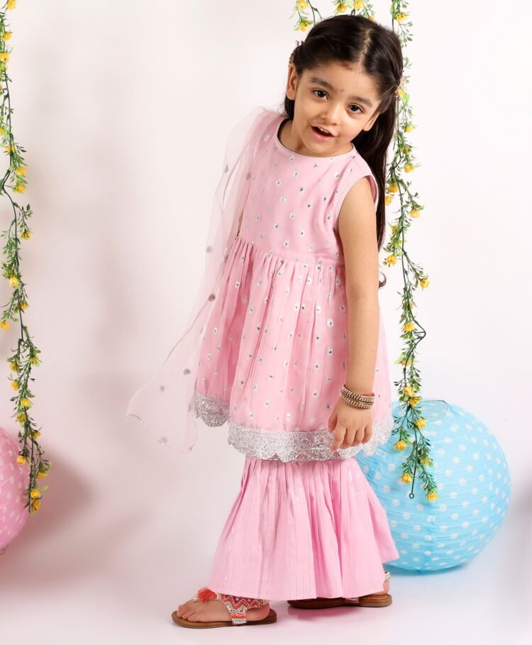 Little Bansi Sleeveless Banarsi Style Kurti With Flared Sharara Pants & Dupatta - Pink INA813 - Image 4