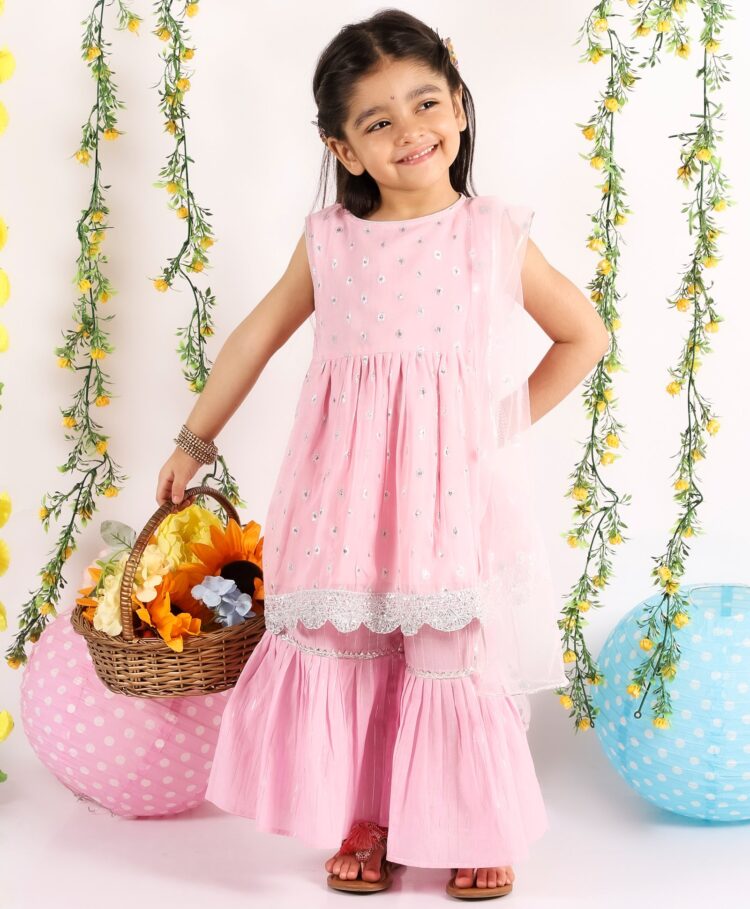 Little Bansi Sleeveless Banarsi Style Kurti With Flared Sharara Pants & Dupatta - Pink INA813