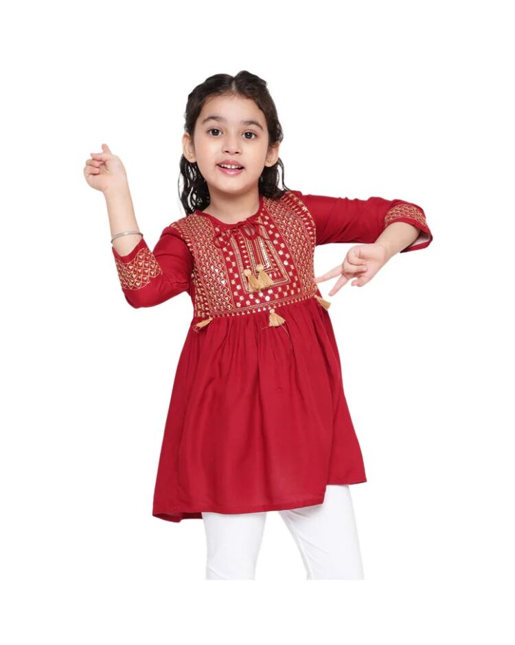 Red Boho Embroidered Tunic for Girls