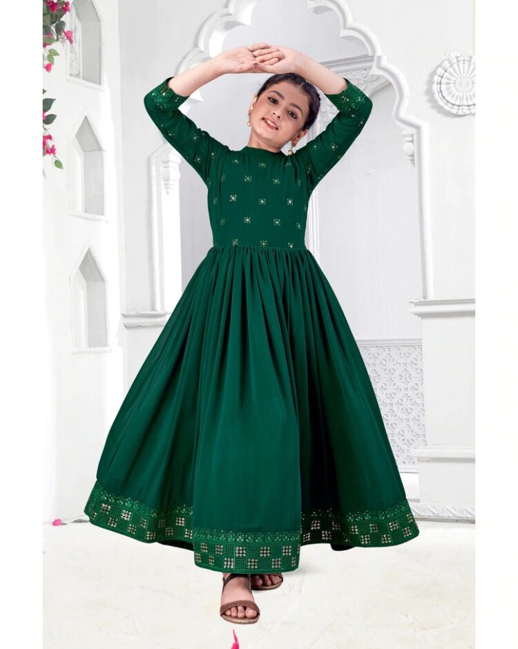 Bottle Green Party Wear Georgette High - Neck Dress INA1237