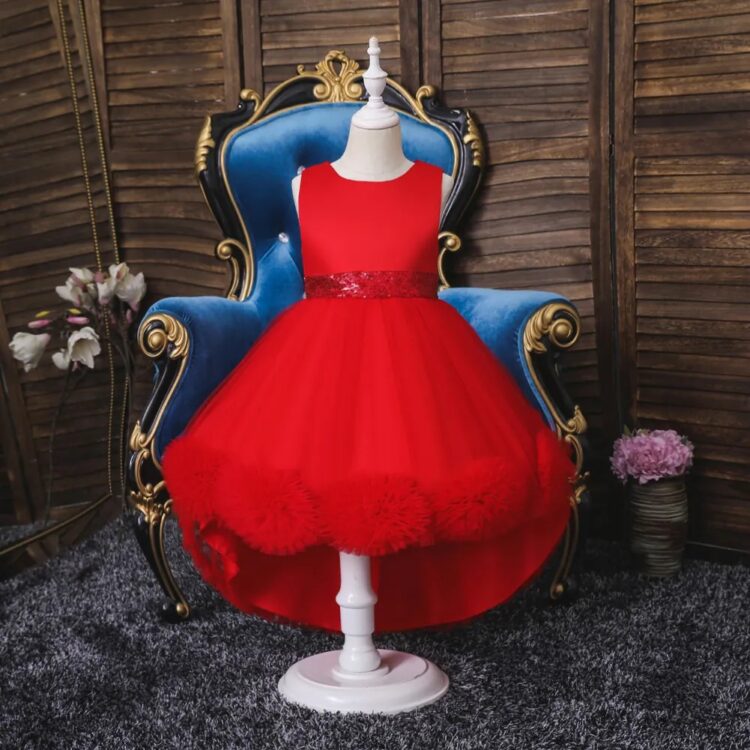 knee length mesh flower gown for girls trailing baby girl birthday dresses