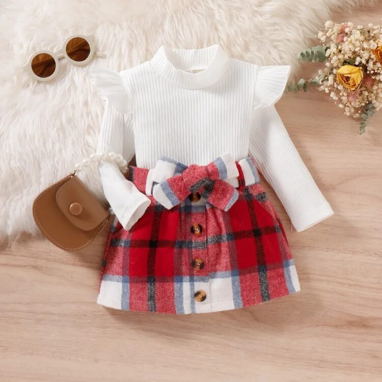 Girls autumn high collar pit strip top plaid skirt children's two-piece set