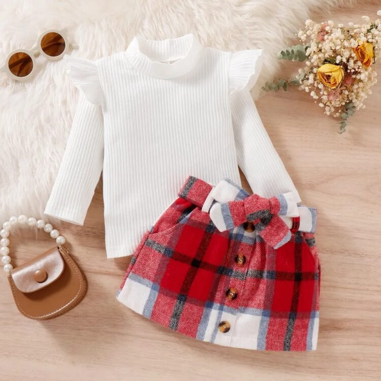 Girls autumn high collar pit strip top plaid skirt children's two-piece set - Image 2