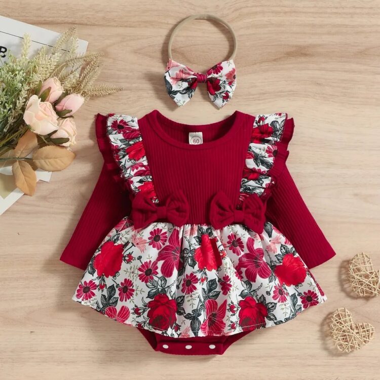 Floral Ruffle Baby Romper Set with Head Band - Image 4