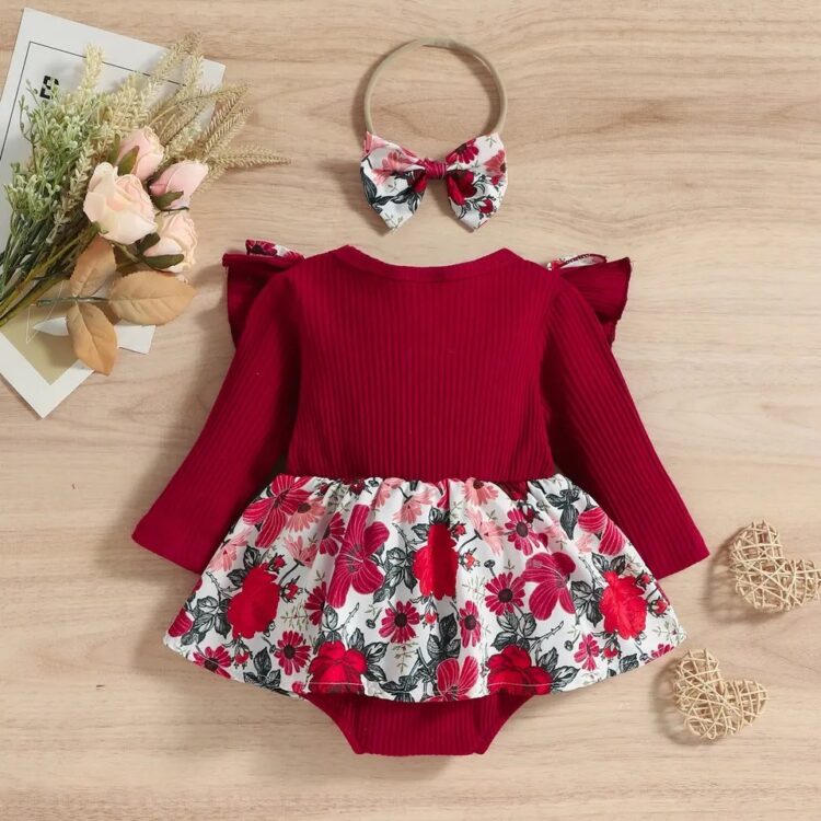 Floral Ruffle Baby Romper Set with Head Band - Image 3