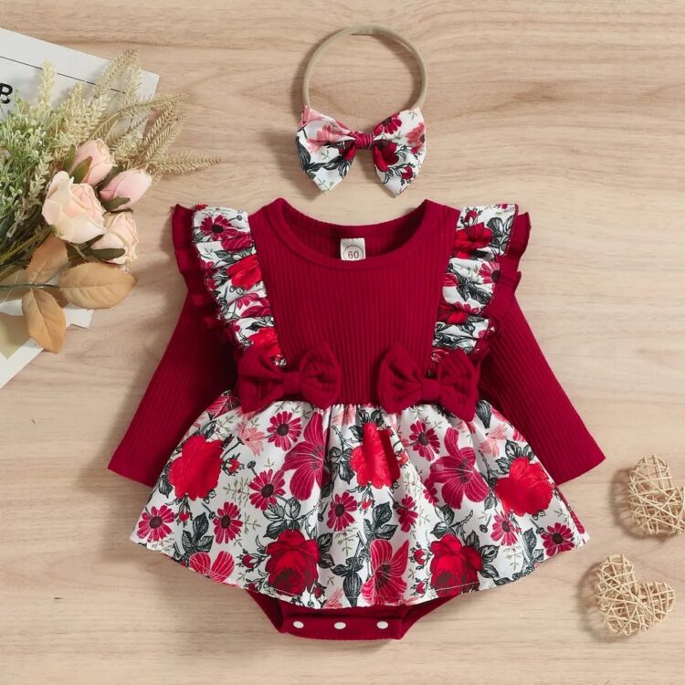 Floral Ruffle Baby Romper Set with Head Band