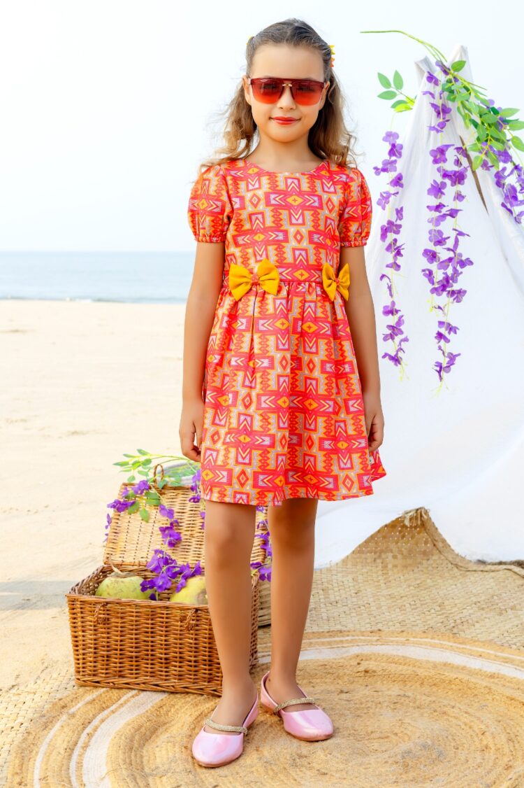 Tropical Sunset Print Summer Dress with Yellow Bow Accents for Girls