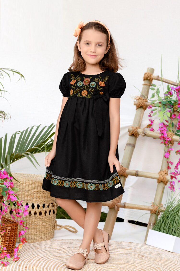 Enchanted Black Garden Embroidered Dress for Girls