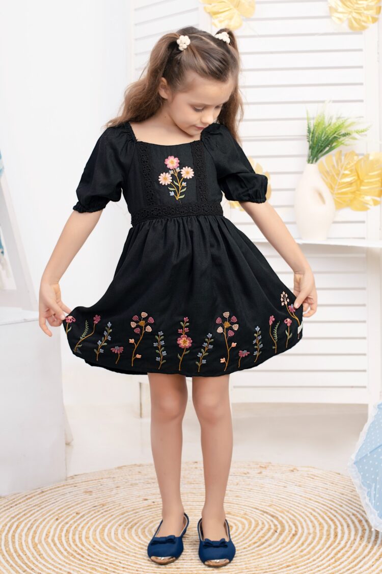 Black Midnight Bloom Embroidered Elegance Dress