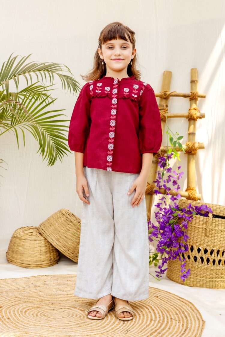 Sunset Blush Embroidered Elegance: Kids' Traditional Chic Top in Radiant Maroon