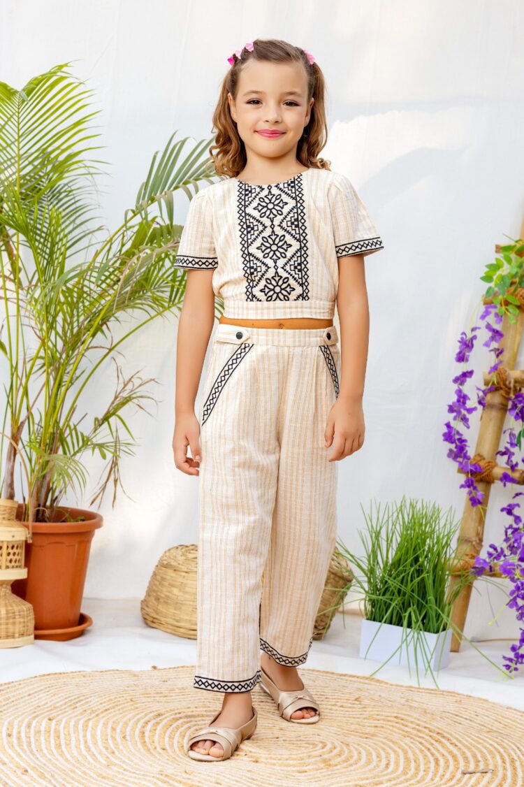 Sun-Kissed Elegance: Beige and Black Embroidered Summer Ensemble for Girls