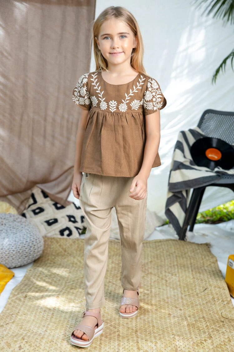 Beige Blossom Embroidered Outfit for Kids