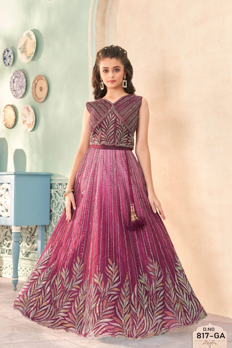 Plum Embroidered Sleeveless Gown with Leaf Motif for Girls