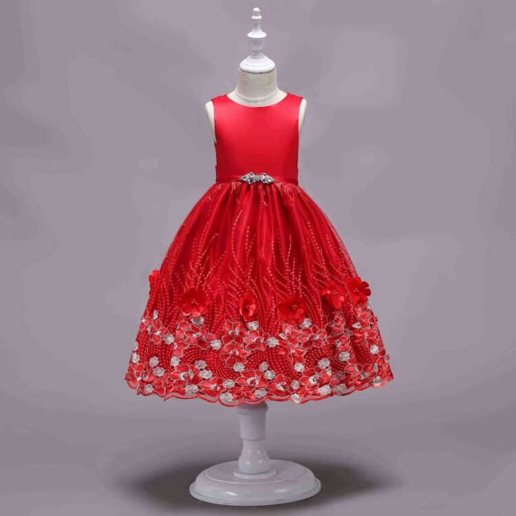 Bright Red party Occassion Flower Embroidery Dress