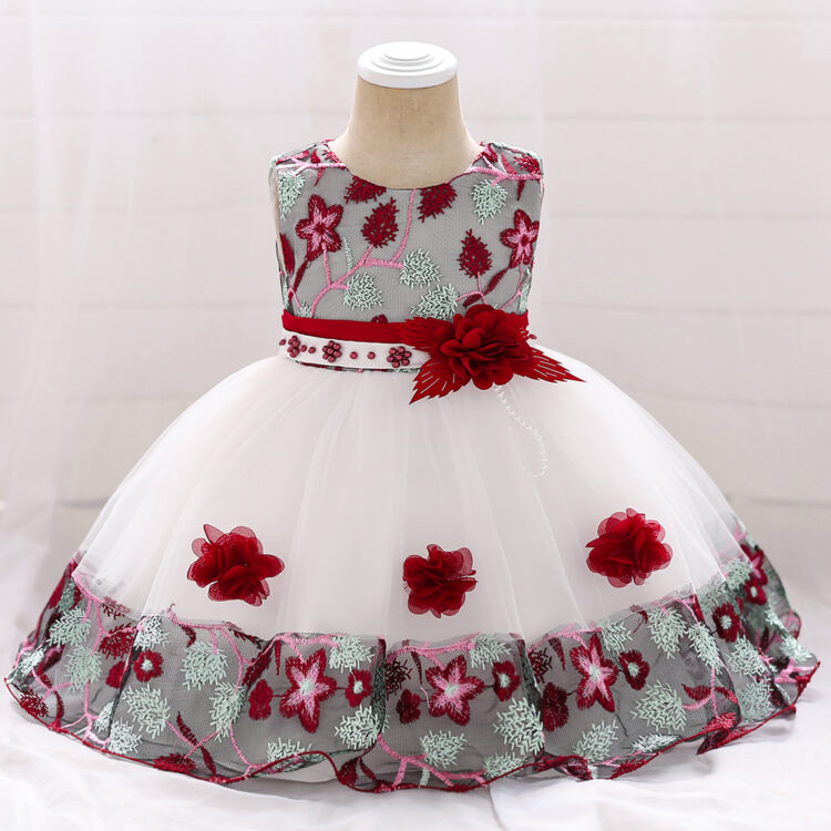 Red and White Floral Embroidered Party Dress for Girls