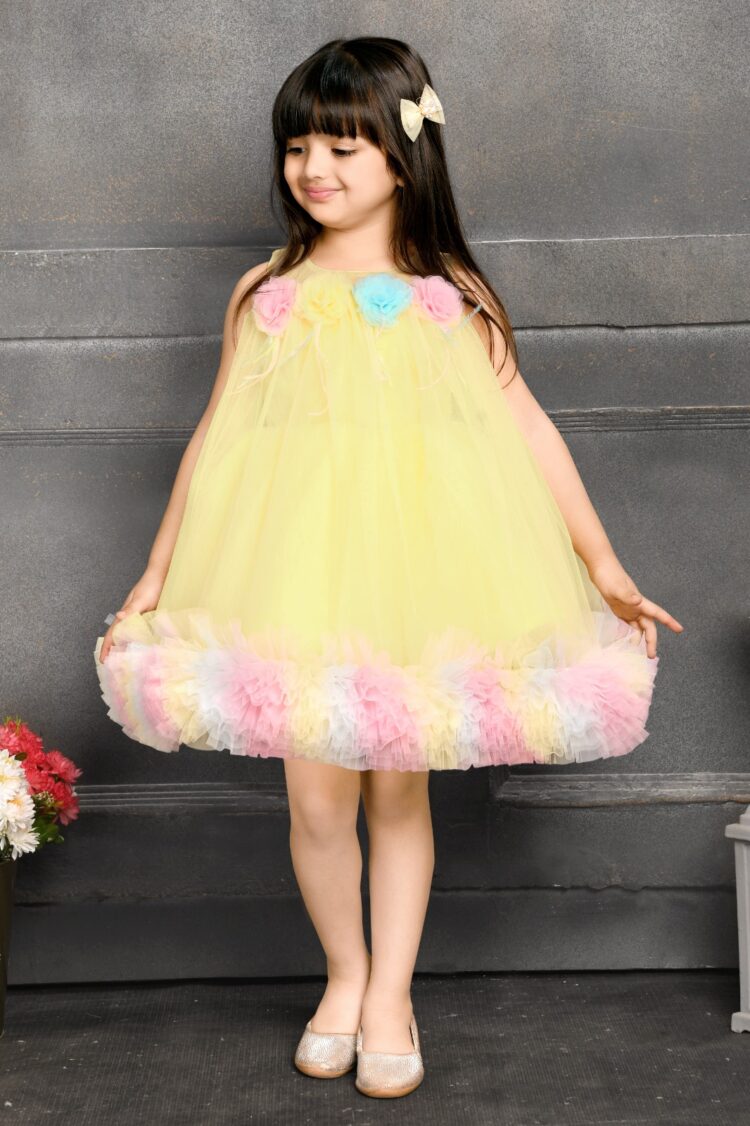 Pastel Yellow Tulle Dress with Floral Accents for Girls