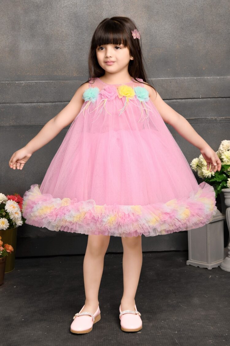 Pastel Rainbow Tulle Dress with Floral Accents for Girls