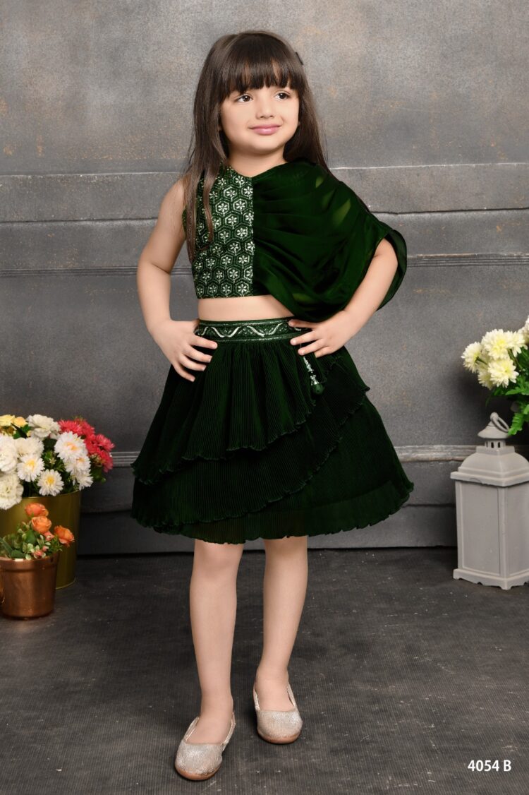 Emerald Elegance Embroidered Festive Tiered Pleat Children's Dress