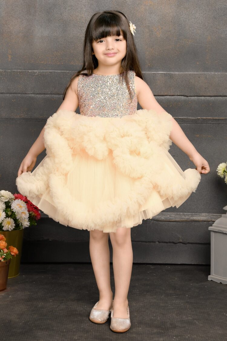 Cream Ruffled Tulle Glitter Party Dress for Girls