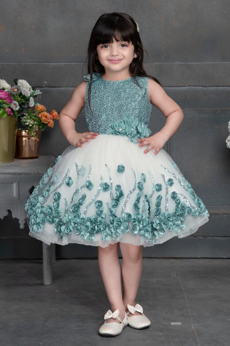 Turquoise Floral Embellished Tulle Party Dress for Girls