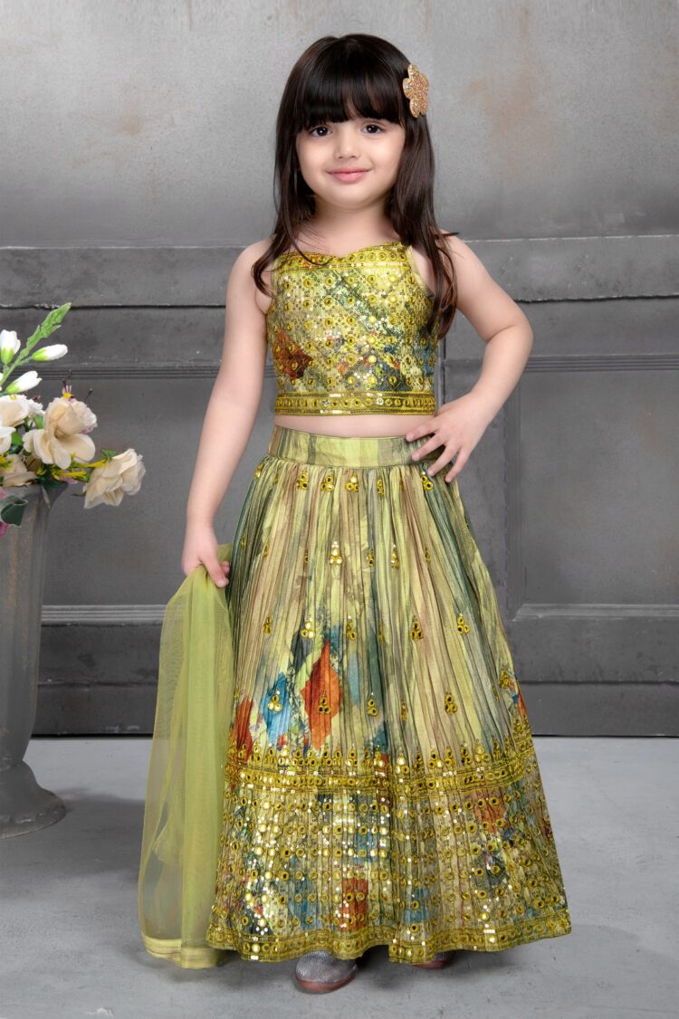 Golden Green Embellished Lehenga Choli set for Girls