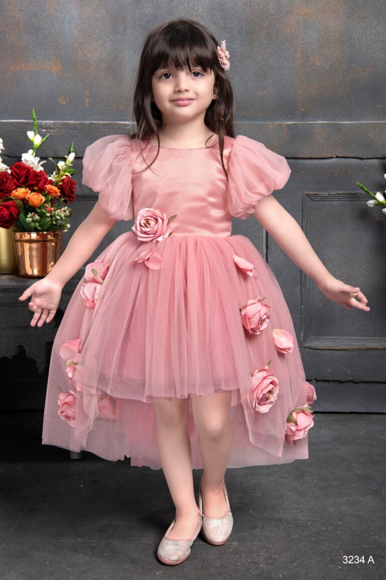 Blush Pink Rose Applique Puff Sleeve Party Dress for Girls