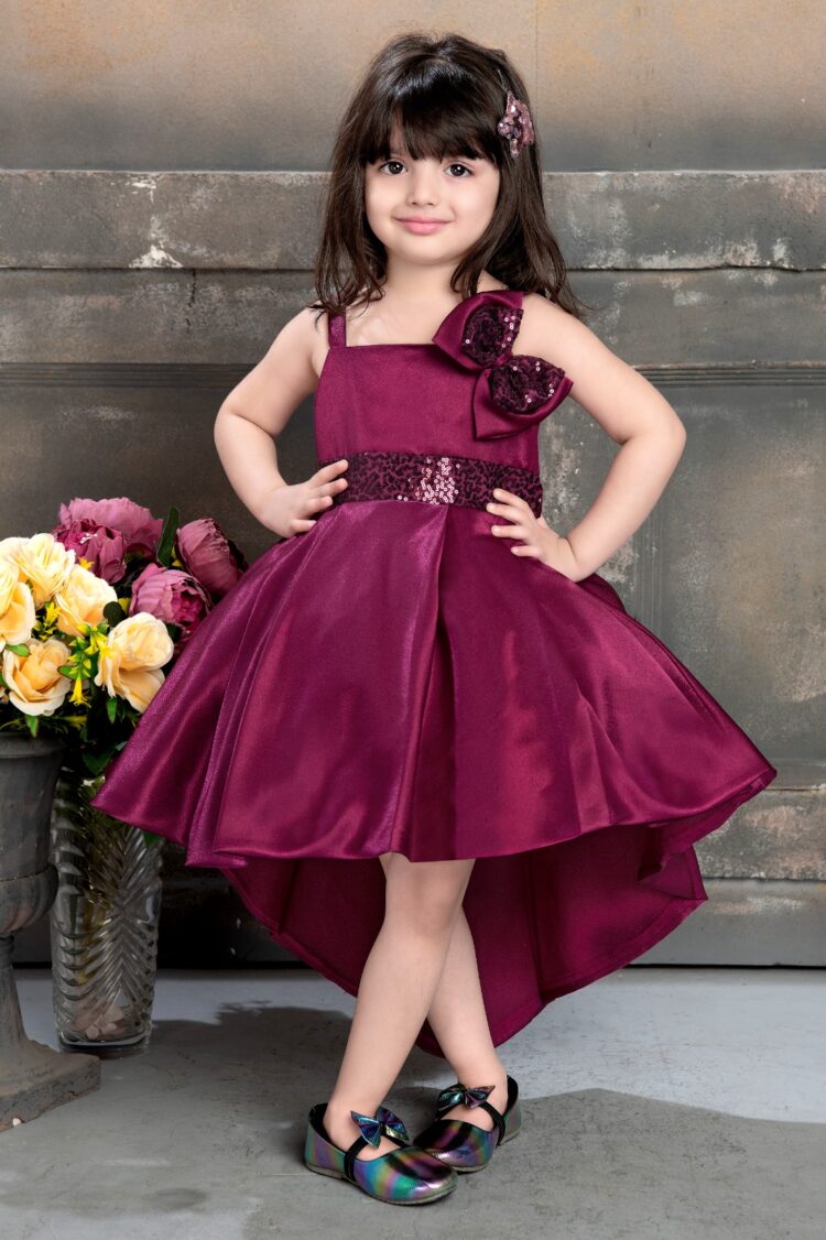 Burgundy Asymmetrical Floral Party Dress for Girls