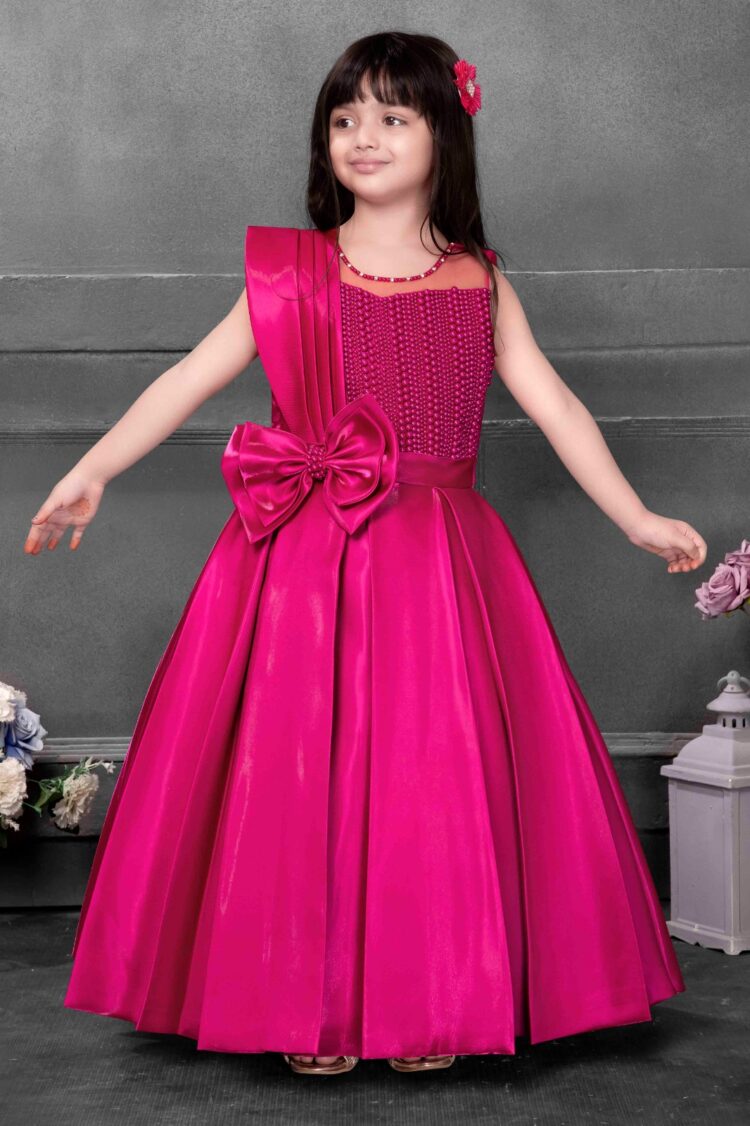 Enchanting Fuchsia Radiance  Bow-Accent Satin Gown for Little Girls