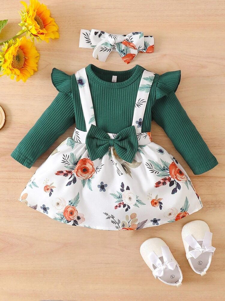 Charming Green Long-Sleeve Top and Floral Suspender Skirt Set with Matching Headband