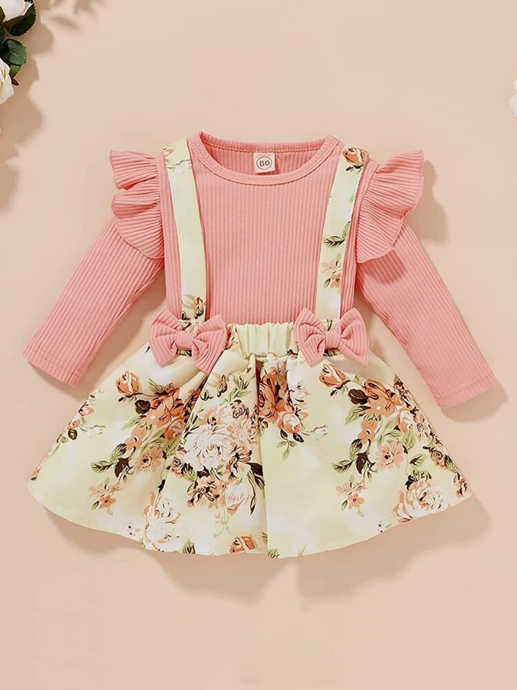 Adorable Pink Ruffle Top and Floral Suspender Skirt Set for Girls