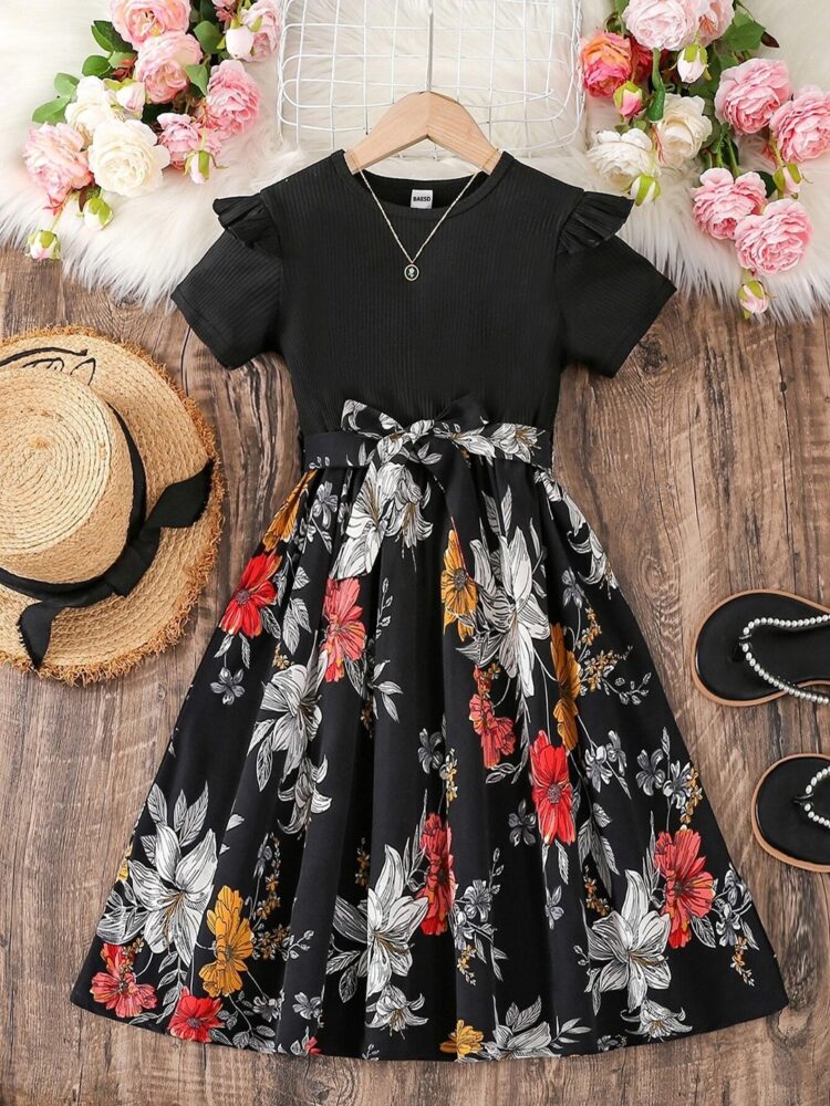 Black Floral Skirt and Top Set for Girls