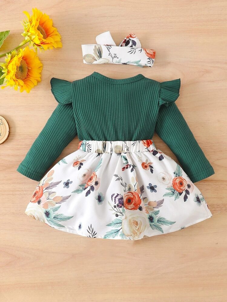 Charming Green Long-Sleeve Top and Floral Suspender Skirt Set with Matching Headband - Image 2