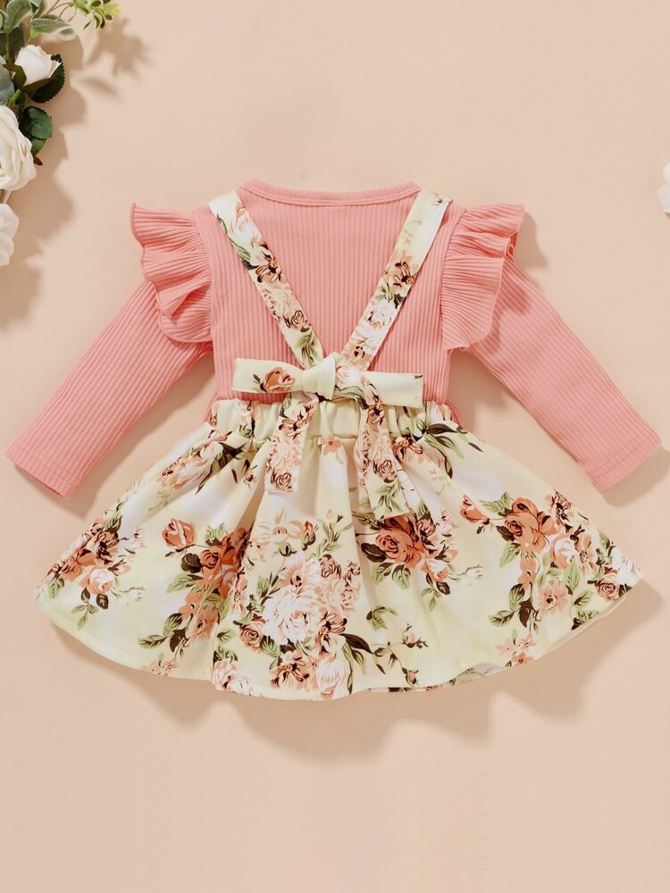 Adorable Pink Ruffle Top and Floral Suspender Skirt Set for Girls - Image 7