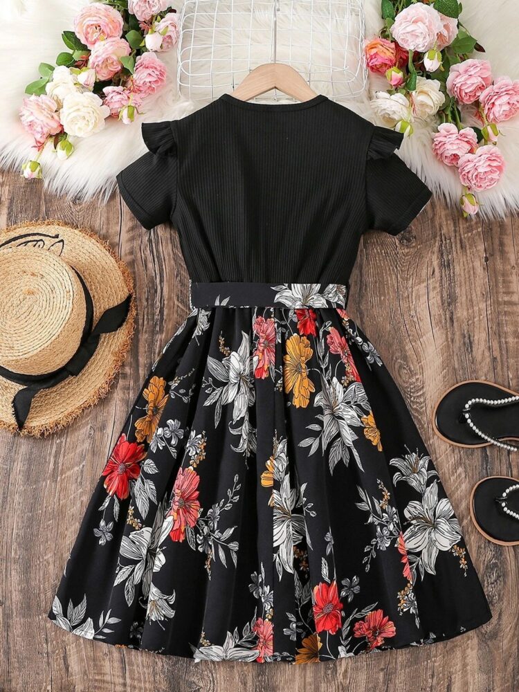 Black Floral Skirt and Top Set for Girls - Image 3