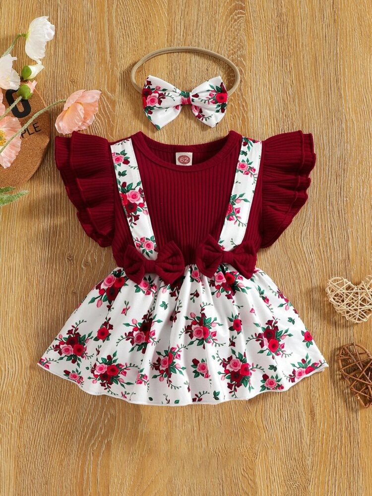 Adorable Burgundy Ruffle Top and Floral Suspender Skirt Set with Matching Headband