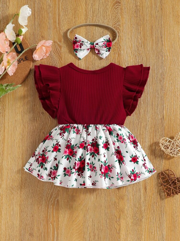 Adorable Burgundy Ruffle Top and Floral Suspender Skirt Set with Matching Headband - Image 6