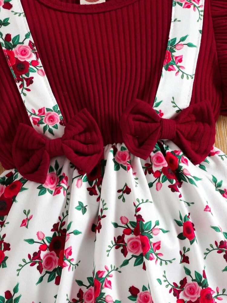 Adorable Burgundy Ruffle Top and Floral Suspender Skirt Set with Matching Headband - Image 5