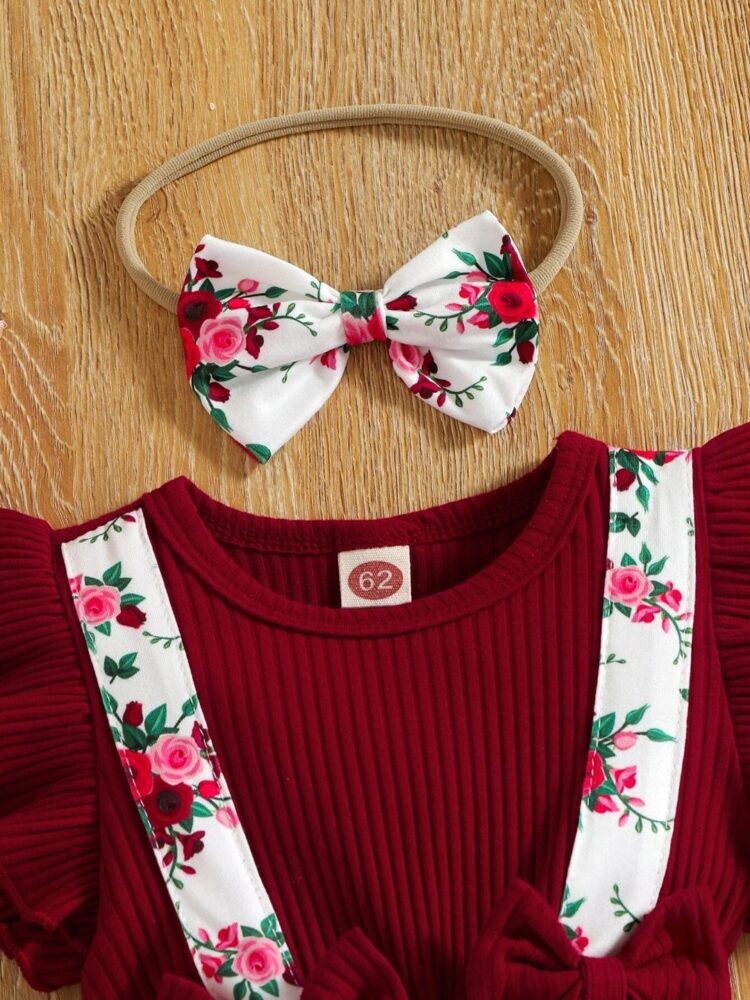 Adorable Burgundy Ruffle Top and Floral Suspender Skirt Set with Matching Headband - Image 2