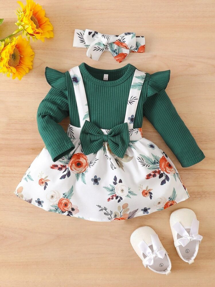 Charming Green Long-Sleeve Top and Floral Suspender Skirt Set with Matching Headband - Image 3