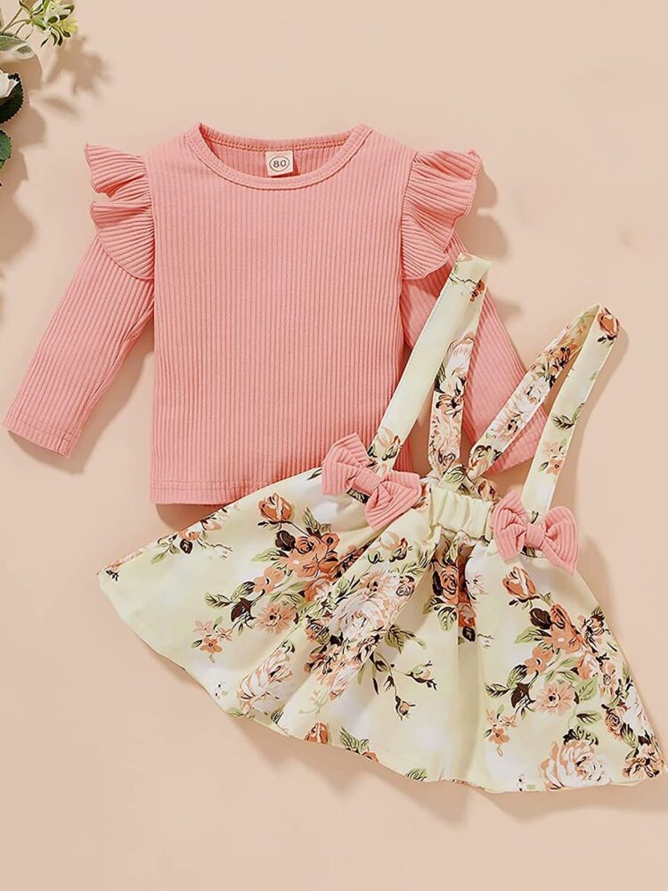 Adorable Pink Ruffle Top and Floral Suspender Skirt Set for Girls - Image 6